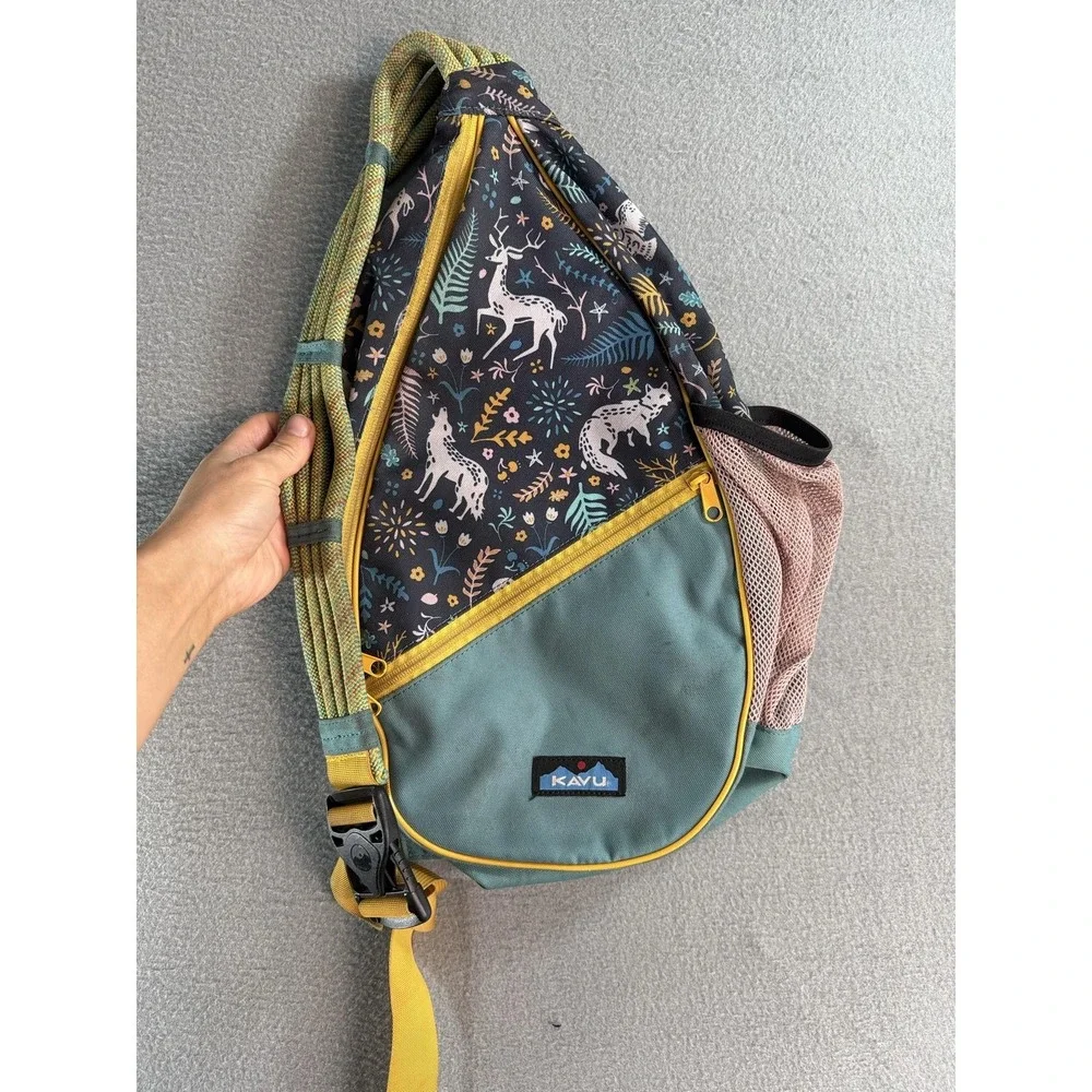 KAVU Green 20in Rope Sling Backpack Nature Print Water Bottle Pocket